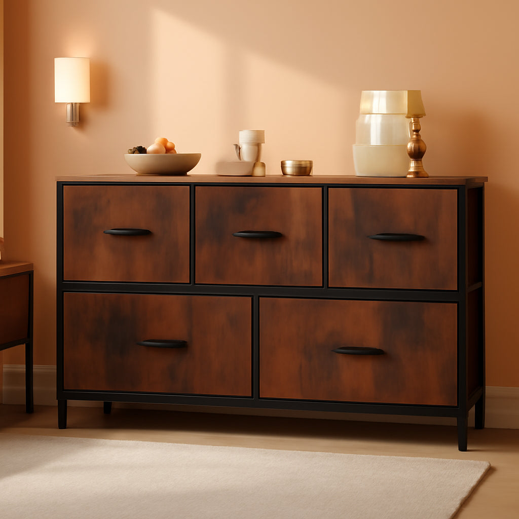 Rustic Brown 5 Drawer Dresser for Bedroom Storage Solutions
